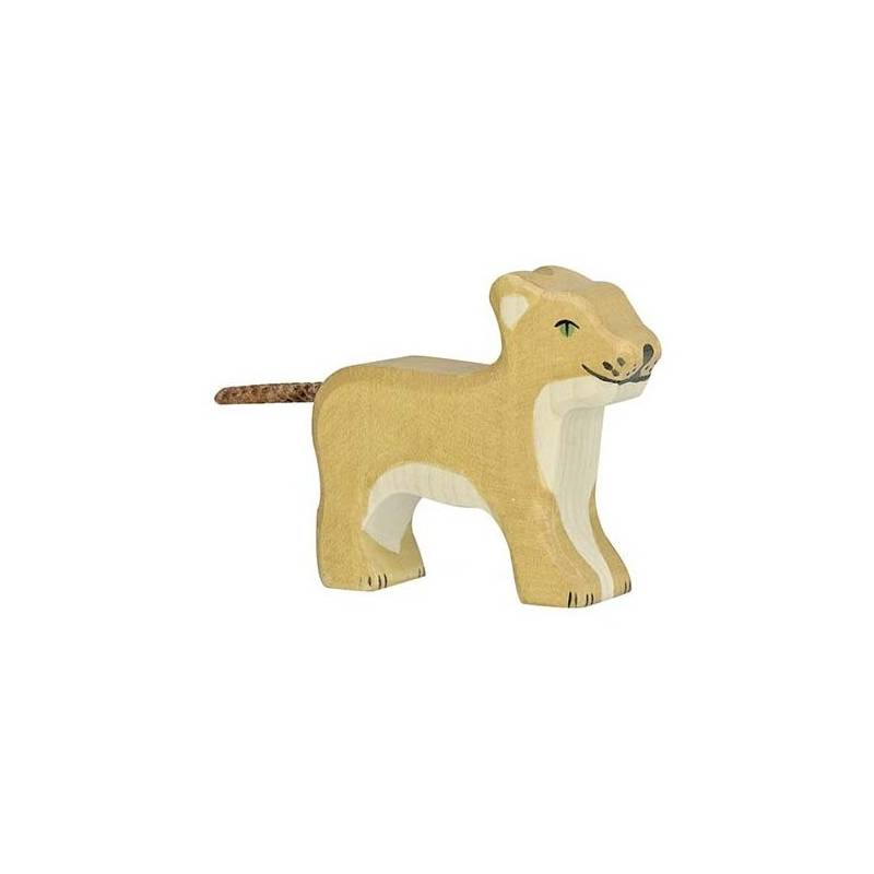 León pequeño parado- Animal de madera